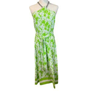 Michael Kors Tropical Print Stretch midi Matte Jersey Chain Halter dress…